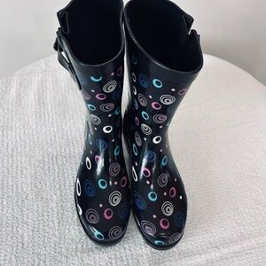 Women’s Capelli Stylish Black Rain Boots with Colorful Circles